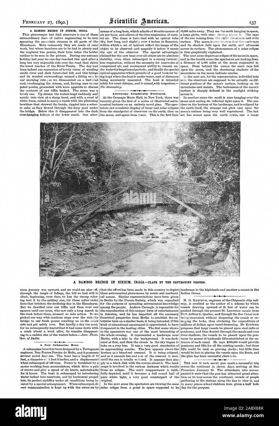 FEBRUARY 27 1892.j A BAMBOO BRIDGE IN SIKKIM INDIA. Astronomy Graphically Portrayed. P  A New Submarine Boat., scientific american, 1892-02-27 Stock Photo