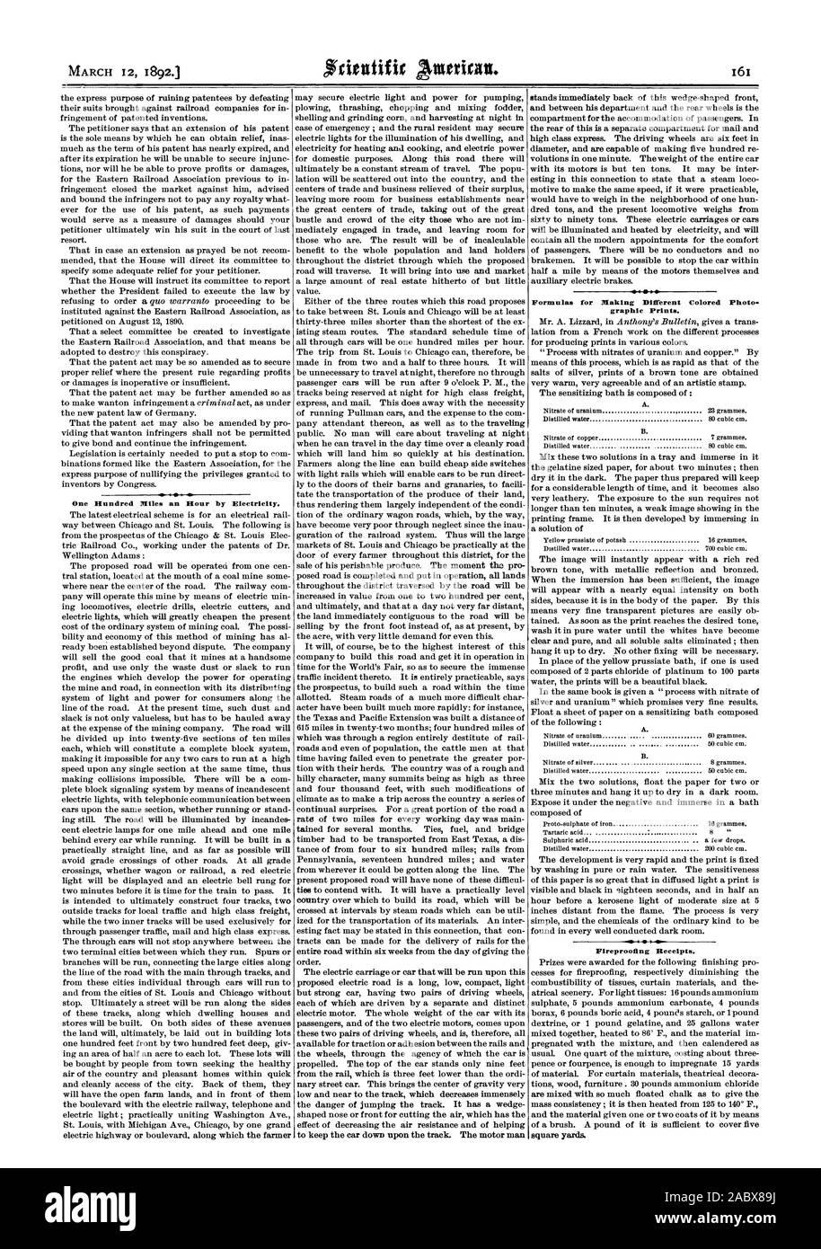 MARCH 12 18921 One Hundred Miles an Hour by Electricity. Formulas for Making Different Colored Photo. graphic Prints.  4  PAI Fireproofing Receipts., scientific american, 92-03-12 Stock Photo