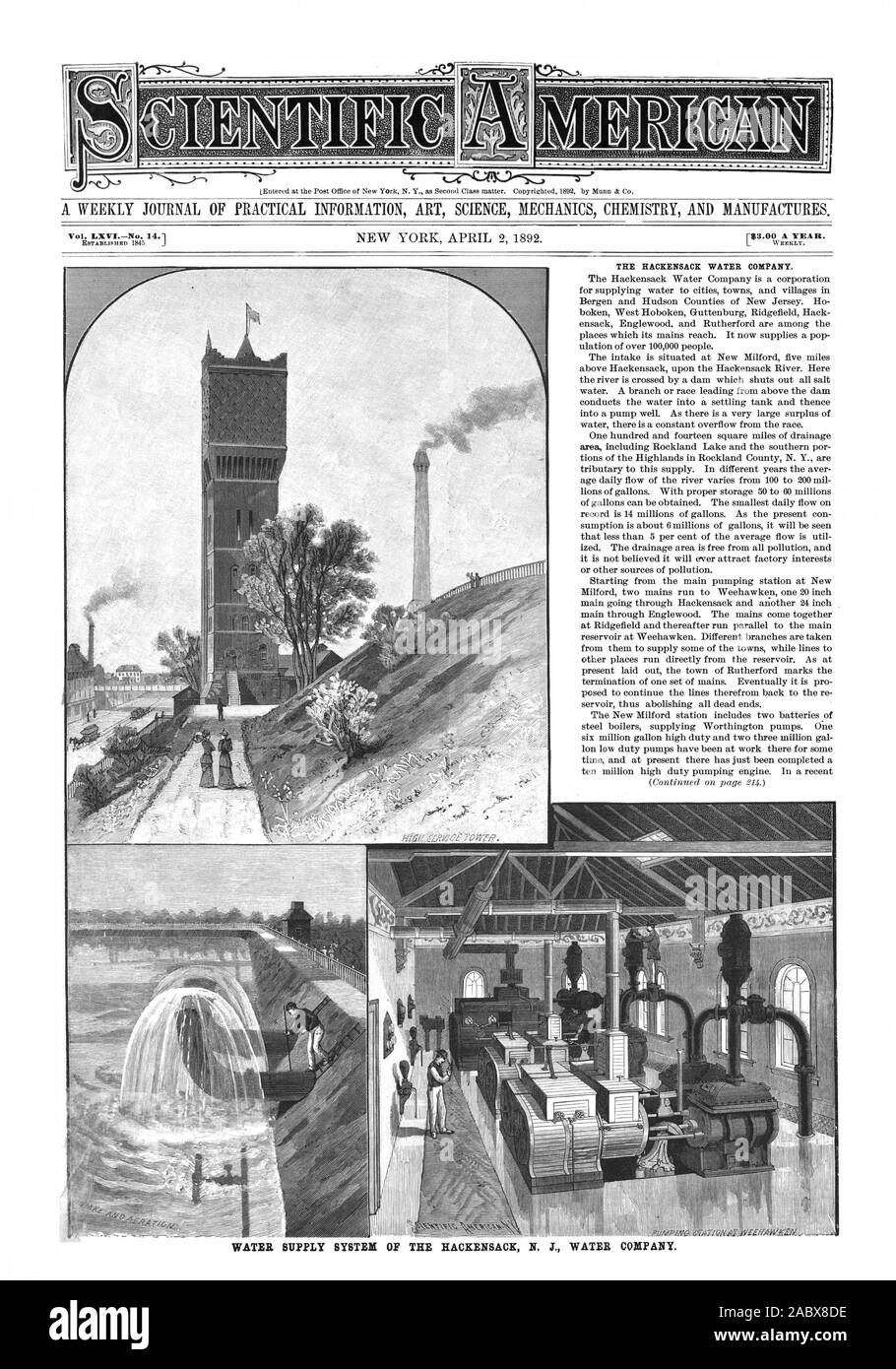 WEEKLY. Vol. LXVINo. 14.1 THE HACKENSACK WATER COMPANY. WATER SUPPLY SYSTEM OF THE HACKENSACK N. J WATER COMPANY., scientific american, 1892-04-02 Stock Photo
