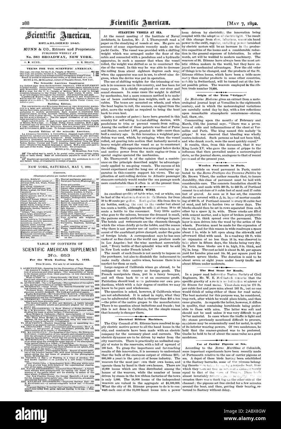 STEADYING VESSELS AT SEA. CALIFORNIA WINES. Electrical Ribbon Machines. Wooden Pavements in Paris. The Best Stone for Roads. Use of Carrier Pigeons at Sea., scientific american, 1892-05-07 Stock Photo