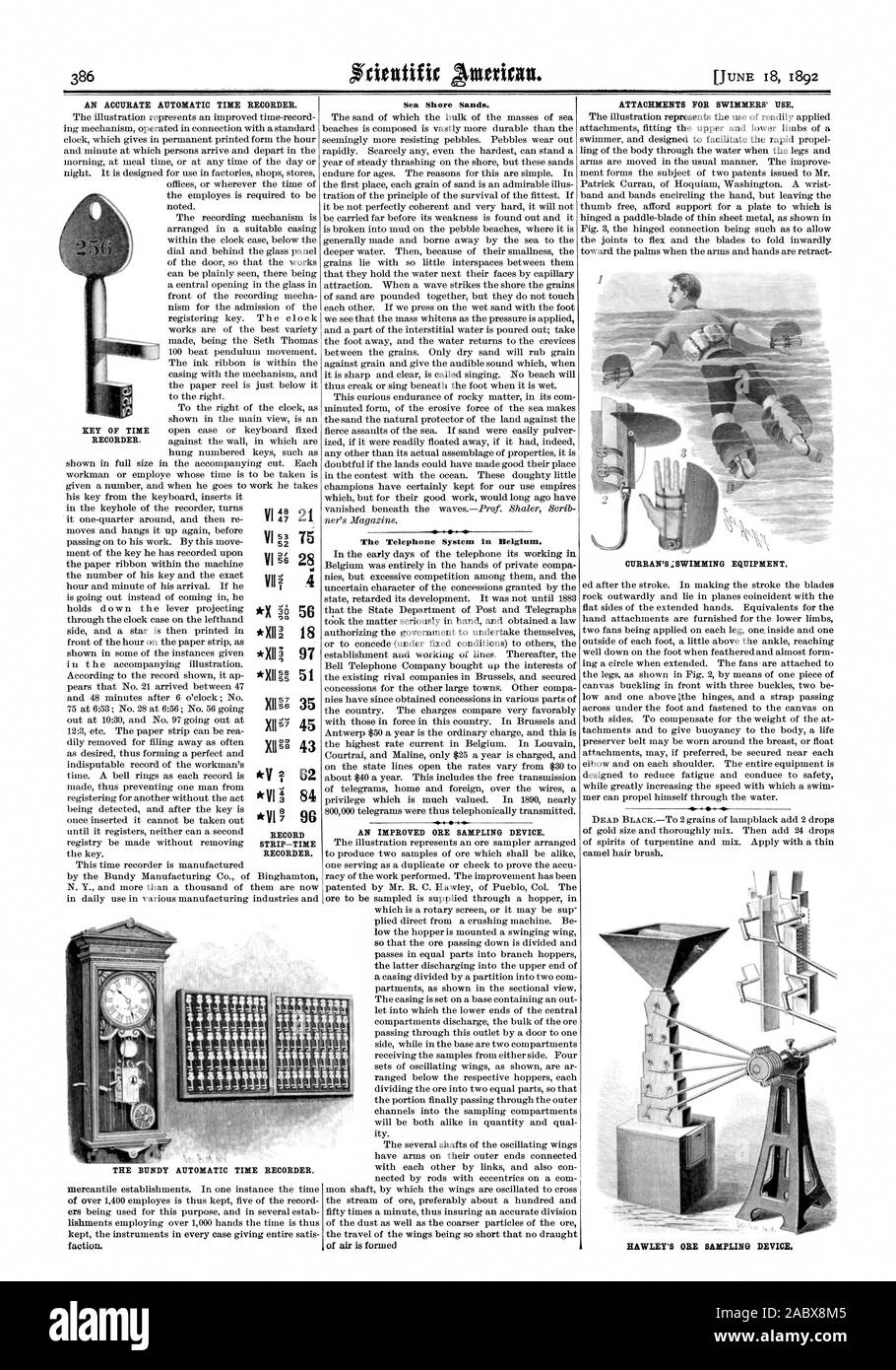 AN ACCURATE AUTOMATIC TIME RECORDER. The illustration represents an improved time-record ing mechanism operated in connection with a standard clock which gives in permanent printed form the hour and minute at which persons arrive and depart in the morning at meal time or at any time of the day or night. It is designed for use in factories shops stores offices or wherever the time of the employes is required to be noted. The recording mechanism is arranged in a suitable casing within the clock case below the dial and behind the glass panel of the door so that the works can be plainly seen there Stock Photo