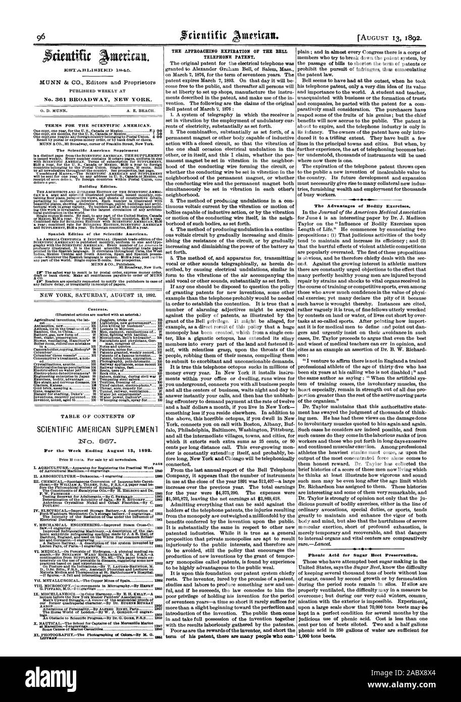 THE APPROACHING EXPIRATION OF THE BELL TELEPHONE PATENT. alb 4  The Advantages of Bodily Exercises. Phenic Acid for Sugar Beet Preservation. 1000 tons beets., scientific american, 1892-08-13 Stock Photo