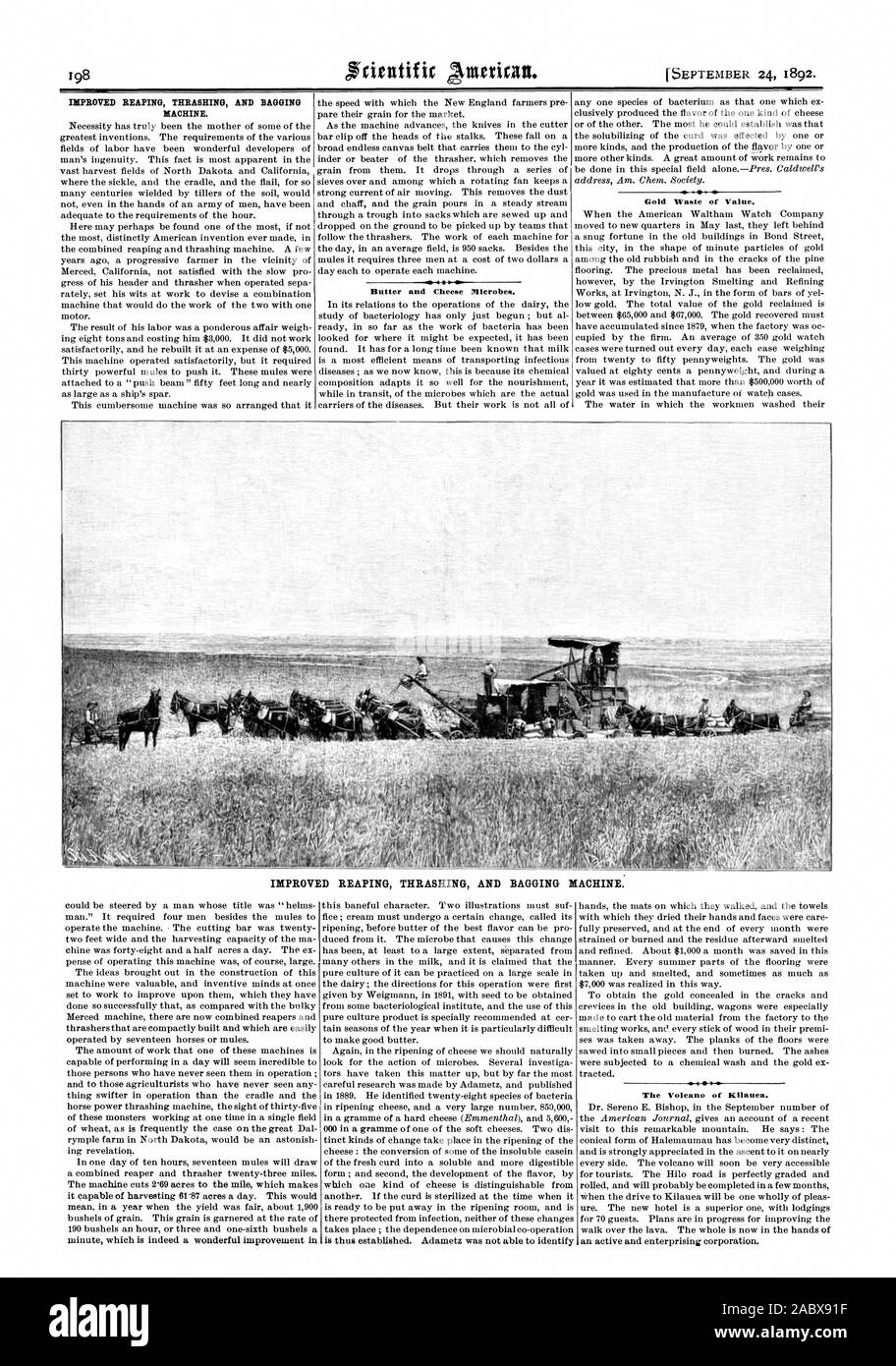 IMPROVED REAPING THRASHING AND BAGGING MACHINE. Butter and Cheese Microbes. Gold Waste of Value. IMPROVED REAPING THRASHING AND BAGGING MACHINE: The Volcano of Kilauea., scientific american, 1892-09-24 Stock Photo