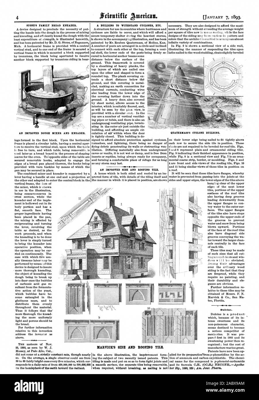 STONE'S FAMILY BREAD KNEADER. AN IMPROVED DOUGH MIXER AND KNEADER. A BUILDING TO WITHSTAND CYCLONES ETC. AN IMPROVED SIDE AND ROOFING TILE. when required without breaking as nailing is not Dulcine. QUATERM ASS'S CYCLONE BUILDING. MARITIME'S SIDE AND ROOFING TILE., scientific american, 1893-01-07 Stock Photo