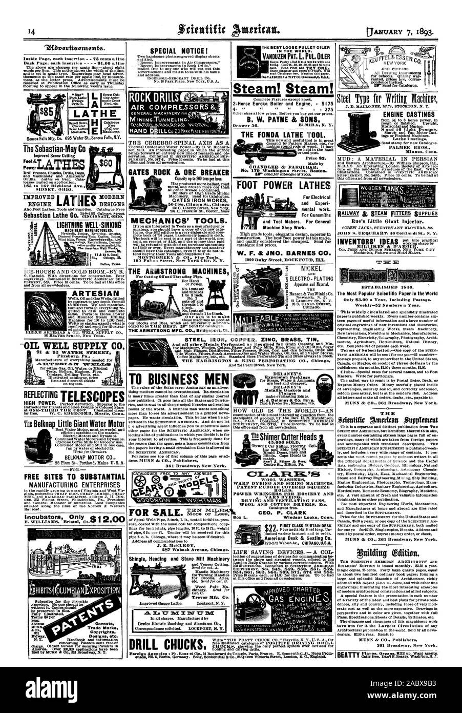 this office and from all newsdealers. 45000 SOLD. To work Car Siding Flooring Ceil ing and Ship Lap; t Mould Doors Sash and Rerun .1. Shiner & Sone Centre St. Milton Pa. for Schools. Quality war-. ranted. prices low corres pondence invited. Shingle Heading Improved Gauge Lathe. STEEL IRON COPPER ZINC BRASS TIN THE HARRINGTON & KING PERFORATING CO. Chicag ENGINE CASTINGS Horizontal and Marine. 8 and 16 Light Dynamo. PALMER BROS. Mianus Conn., scientific american, 1893-01-07 Stock Photo