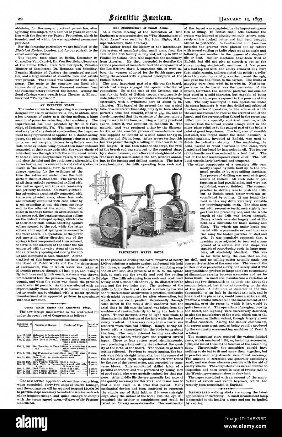 AN IMPROVED MOTOR. Ocean Mails Under the American Flag. The Manufacture of Small Arms. relied on for very accurate results. The construction by a spring. PARTRIDGE'S WATER MOTOR., scientific american, 1893-01-14 Stock Photo