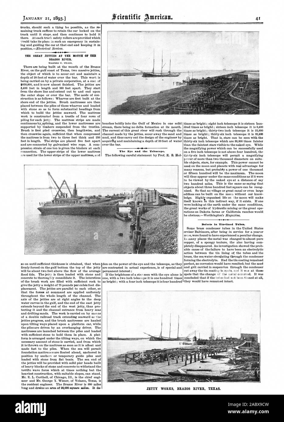 BRAZOS RIVER. The Eye and the Telescope. Defects in Tin-lined Tubes. JETTY WORKS BRAZOS RIVER TEXAS., scientific american, 1893-01-21 Stock Photo
