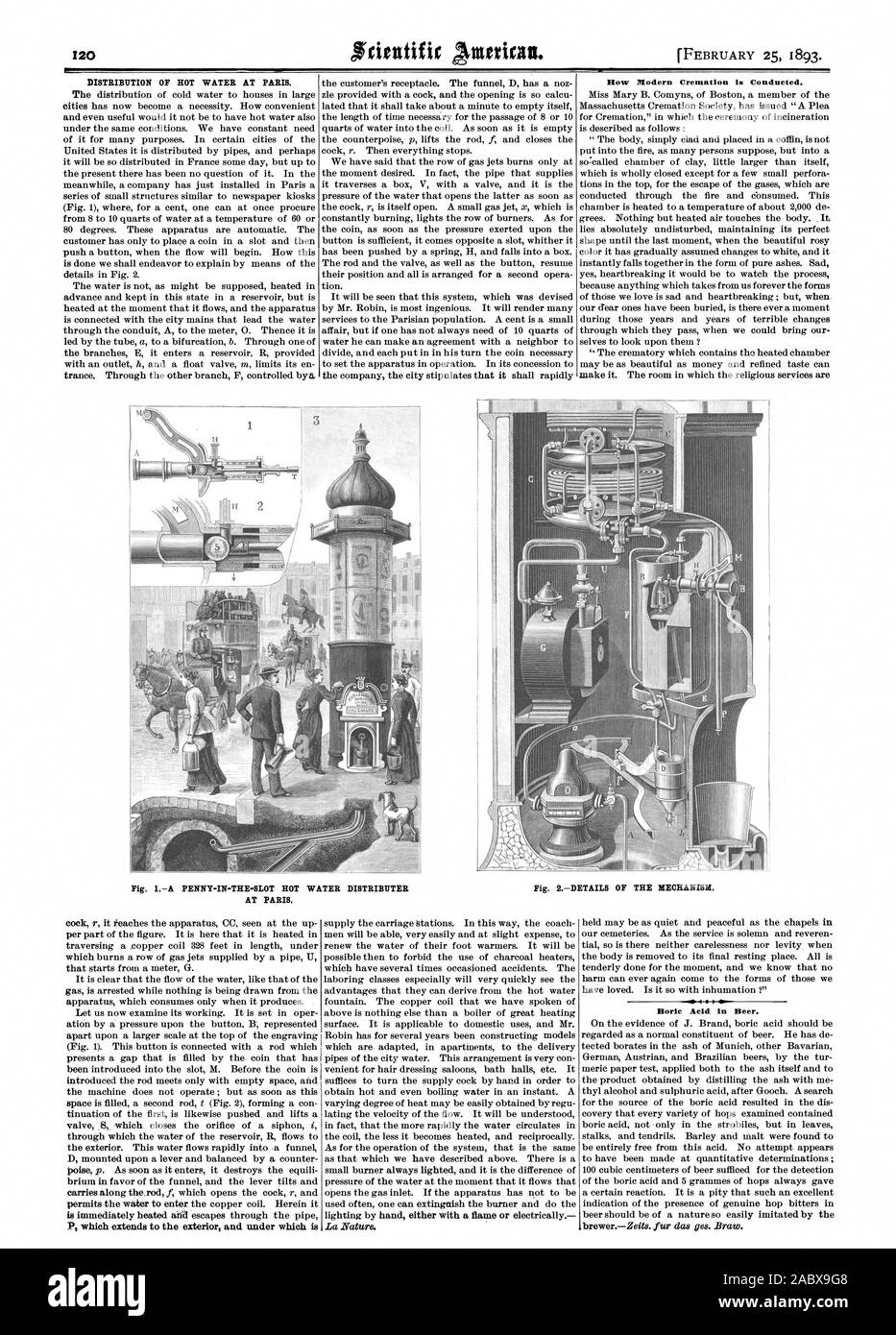 DISTRIBUTION OF HOT WATER AT PARIS. How Modern Cremation is Conducted. Fig. 1A PENNY-IN-THE-SLOT HOT WATER DISTRIBUTER AT PARIS. Fig. 2DETAILS OF THE MECHANISM.  Boric Acid in Beer., scientific american, 1893-02-25 Stock Photo