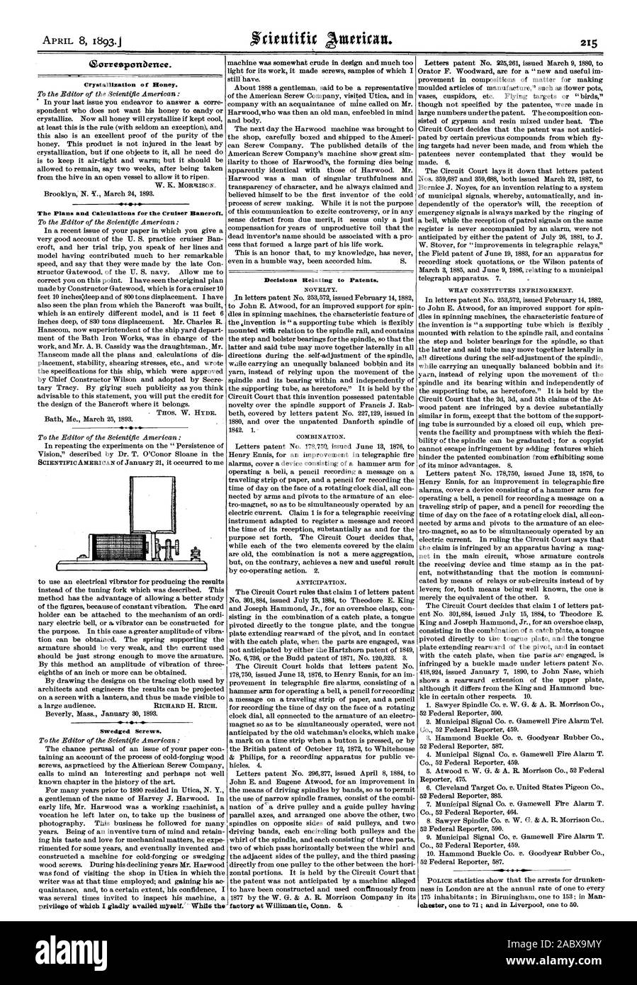 Zorrespartbence. Crystallization of Honey. The Plans and Calculations for the Cruiser Bancroft. Decisions Relating to Patents. NOVELTY. COMBINATION. ANTICIPATION. WHAT CONSTITUTES INFRINGEMENT. Swedged Screws., scientific american, 1893-04-08 Stock Photo