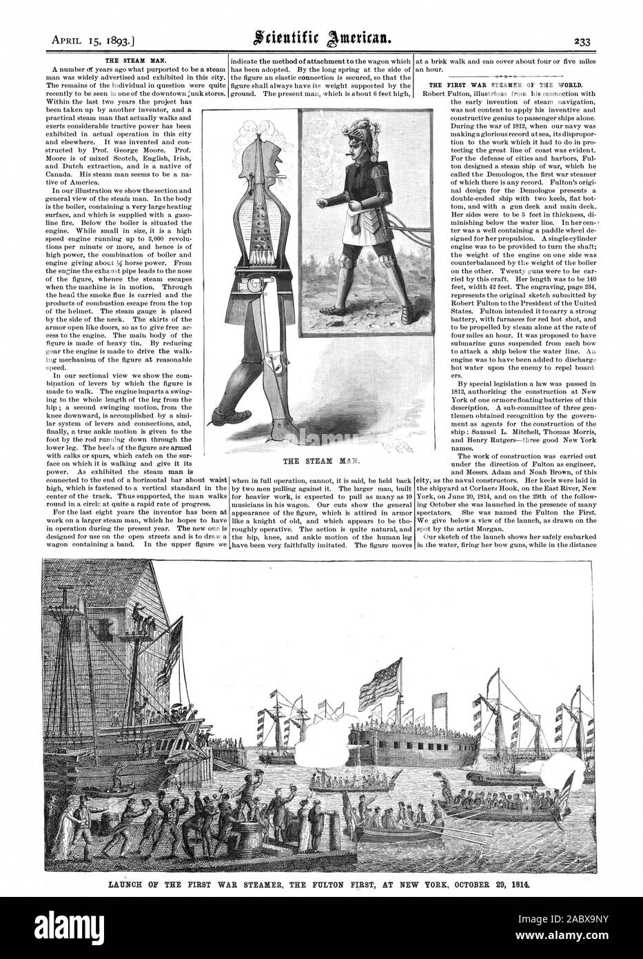THE STEAM MAN. THE FIRST WAR STEAMER OF THE WORLD. THE STEAM MAN. LAUNCH OF THE FIRST WAR STEAMER THE FULTON FIRST AT NEW YORK OCTOBER 29 1814., scientific american, 1893-04-15 Stock Photo