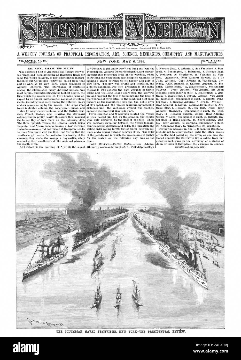 A WEEKLY JOURNAL OF PRACTICAL INFORMATION ART SCIENCE MECHANICS CHEMISTRY AND MANUFACTURES. WEEKLY. THE NAVAL PARADE AND REVIEW, scientific american, 1893-05-06 Stock Photo