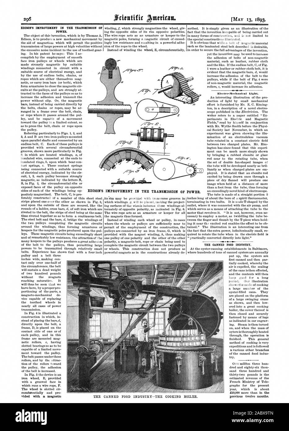 EDISON'S IMPROVEMENT IN THE TRANSMISSION OF POWER. IMPROVEMENT IN THE TRANSMISSION OF Electro-Plechanical Light. THE CANNED FOOD INDUSTRY. THE CANNED FOOD INDUSTRY-THE COOKING BOILER., scientific american, 1893-05-13 Stock Photo