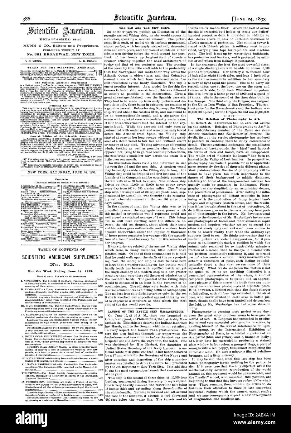 SCIENTIFIC AMERICAN SUPPLEMENT No  912 For the Week Ending June 24 1893. THE OLD AND THE NEW SHIPS. LAUNCH OF THE BATTLE SHIP MASSACHUSETTS. The Relation of Photography to Art., 1893-06-24 Stock Photo