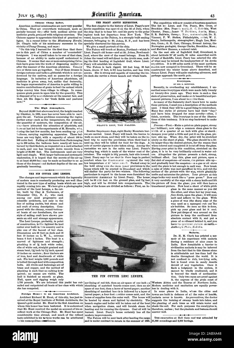 Chinese Cheap Labor. The High Atmosphere. THE FIN CUTTER LENI LENEPE. Foreign Honors to an American Architect. THE PEAR! ARCTIC EXPEDITION. PEARY'S SHIP THE FALCON Ivorytypes. BY GEO. G. ROCKWOOD. Malaria. THE FIN CUTTER LENI LENEPE., scientific american, 1893-07-15 Stock Photo
