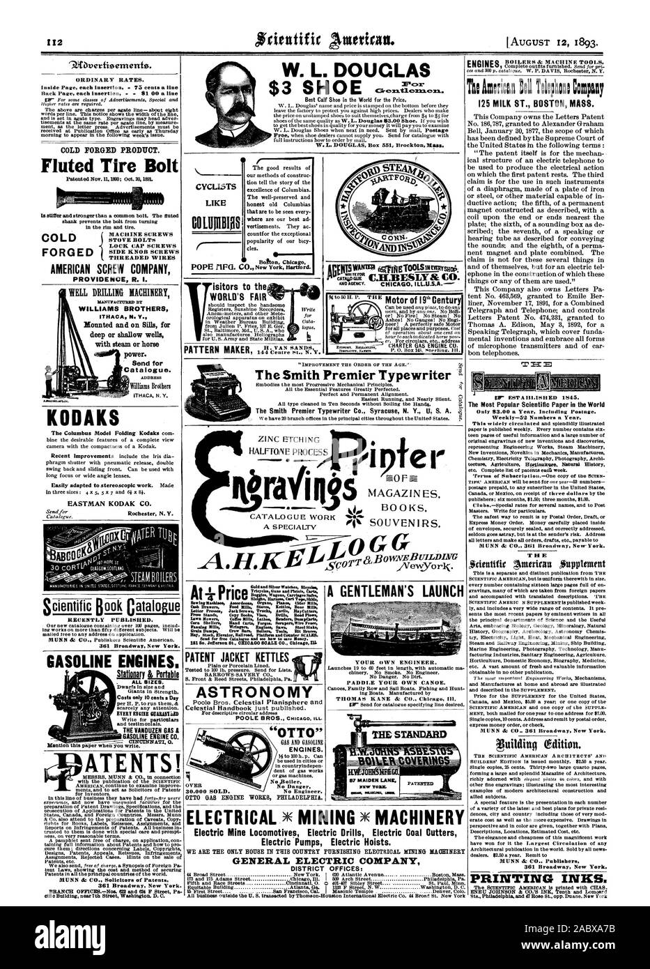 No Engineer. YOUR OWN ENGINEER. PADDLE YOUR OWN CANOE. THOMAS KANE & CO. Chicag Ill. 87 MAIDEN LANE Electric Mine Locomotives Electric Drills Electric Coal Cutters Electric Pumps Electric Hoists. GENERAL ELECTRIC COMPANY DISTRICT OFFICES: p, scientific american, 1893-08-12 Stock Photo