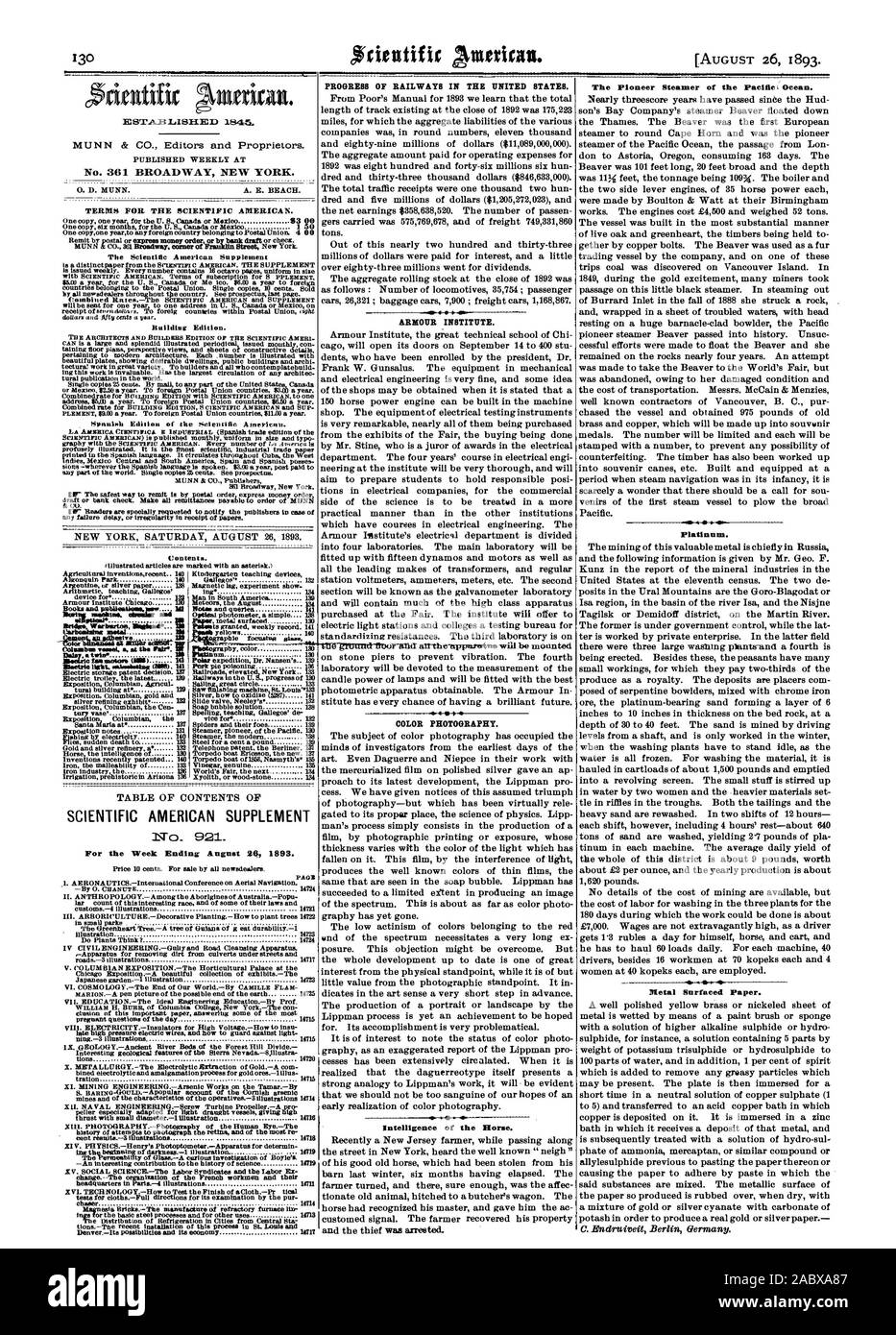 PHOTOGRAPHY.-Pbotography of the Human Bye.-The cent remote.-.8 illustrations 14718 -An interesting contribution to the history of science XV. SOCIAL SCIKNCE.-The Labor Srodicates and the Labor Ex change.--The organization of the French workmen and their headquarters in Parts.-4 illustrations 147 chaser mos.-Toe reeent Installation of this process in St. Louis and PROGRESS OF RAILWAYS IN THE UNITED STATES. ARMOUR INSTITUTE. COLOR PHOTOGRAPHY. The Pioneer Steamer of the Pacific Ocean. Platinum. Metal Surfaced Paper., scientific american, 1893-08-26 Stock Photo