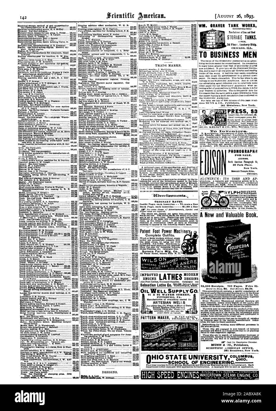 WM. GRAVER TANK WORKS STORAGE TANKS. 3d Floor Rookery Bldg. CHICAG ILL. TO BUSINESS MEN 361 Broadway. New York. well Phillips ORDINARY RATES. Patent Foot Power Machinery Complete Outfits. Seneca Falls Mfg. Co. 9Overiisfirrneute. S Sebastian Lathe Go. l'AMINIV.PAIIIV PITTSBURG PA. ARTESIAN WELLS PATTERN MAKER 144 Centre St. N.Y. 30 .:ORTIJ fikrovc-q!mits ' T r PRINT YOUR OWN CARDS PRESS $3 sfl PHONOGRAPHS FOR SALE. New 'Pork. Chicago. xwav Agurta Waisted SCIENTIFIC AMERICAN OFFICE WATERTOWN STEAM ENGINE CO., 1893-08-26 Stock Photo