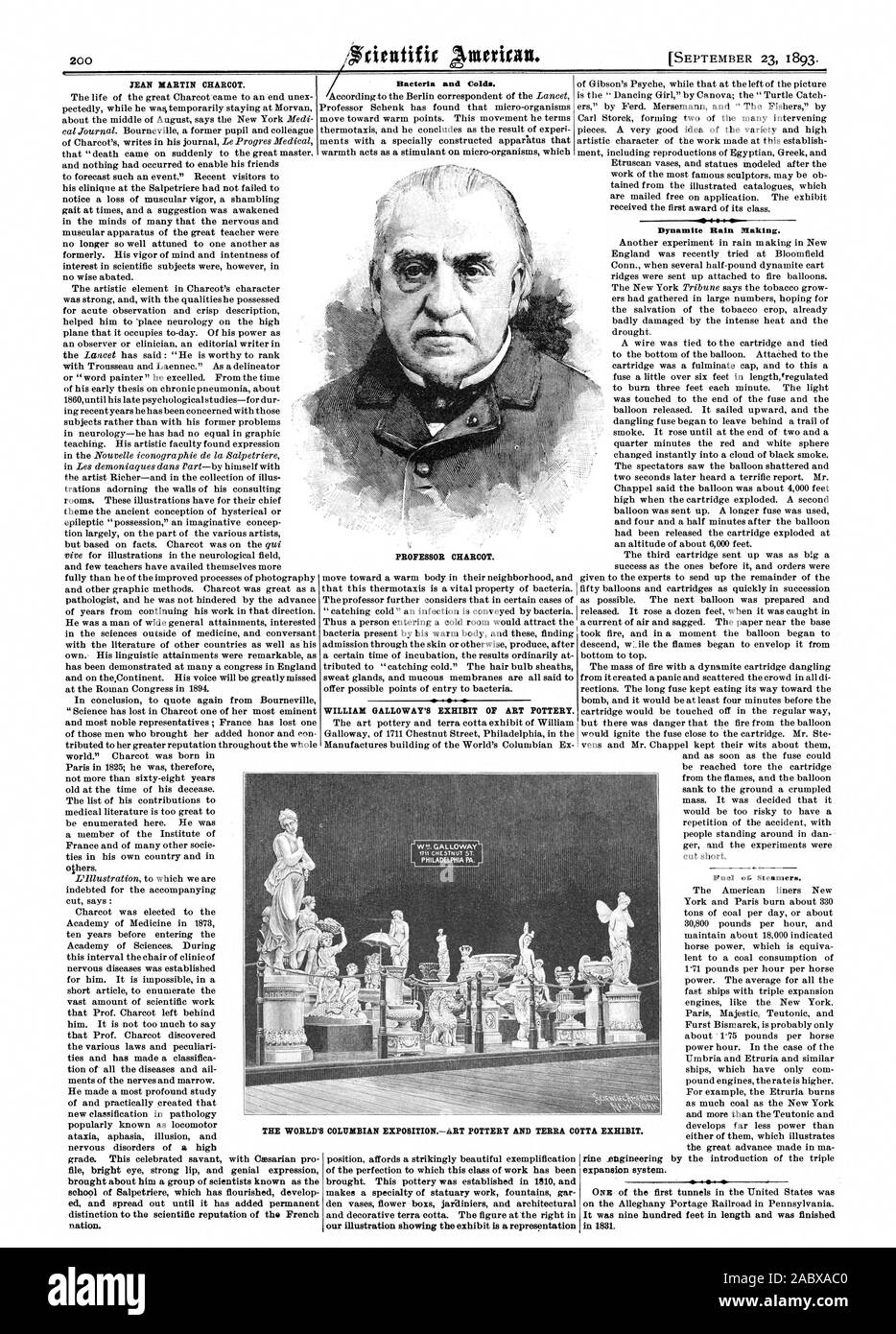 JEAN MARTIN CHARCOT. nation. Bacteria and Colds. WILLIAM GALLOWAY'S EXHIBIT OF ART POTTERY. Dynamite Rain Making. PROFESSOR CHARCOT. PHILADELPHIA PA. THE WORLD'S COLUMBIAN EXPOSITIONART POTTERY AND TERRA COTTA EXHIBIT. Fuel of. Steamers., scientific american, 1893-09-23 Stock Photo