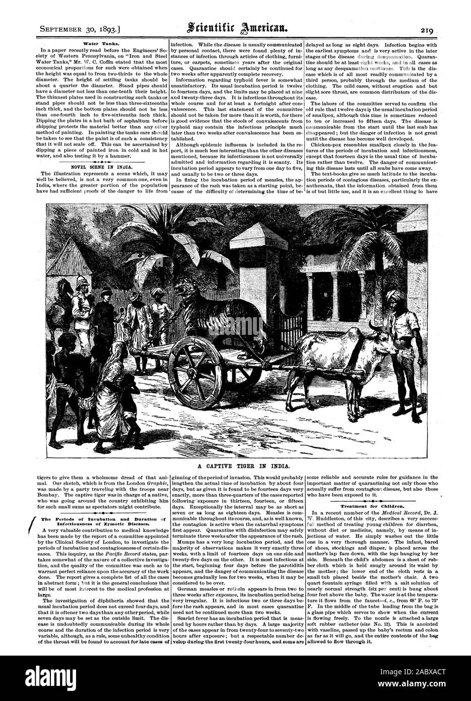 Water Tanks. NOVEL SCENE IN INDIA. A CAPTIVE TIGER IN INDIA. 4  Treatment for Children. allowed to flow through it. The Periods of Incubation and Duration of Infectiousness of Zymotic Diseases., scientific american, 1893-09-30 Stock Photo