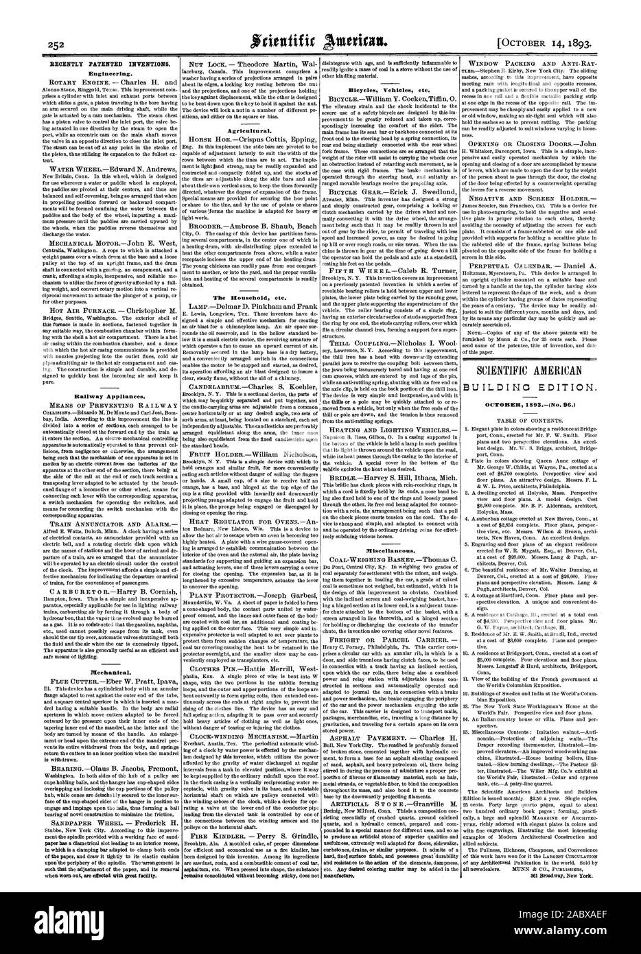 RECENTLY PATENTED INVENTIONS. Engineering. Agricultural. The Household etc. Bicycles Vehicles etc. Miscellaneous. BUILDING EDITION. 361 Broadway New York., scientific american, 1893-10-11 Stock Photo