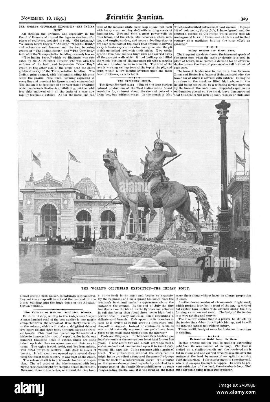 THE WORLD'S COLUMBIAN EXPOSITION—THE INDIAN SCOUT. The Sprouting Insect. Safety Devices for Street Cars. THE WORLD'S COLUMBIAN EXPOSITION—THE INDIAN SCOUT. The Volcano of Kilauea Sandwich Islands. Extracting Gold from its Ores., scientific american, 1893-11-18 Stock Photo