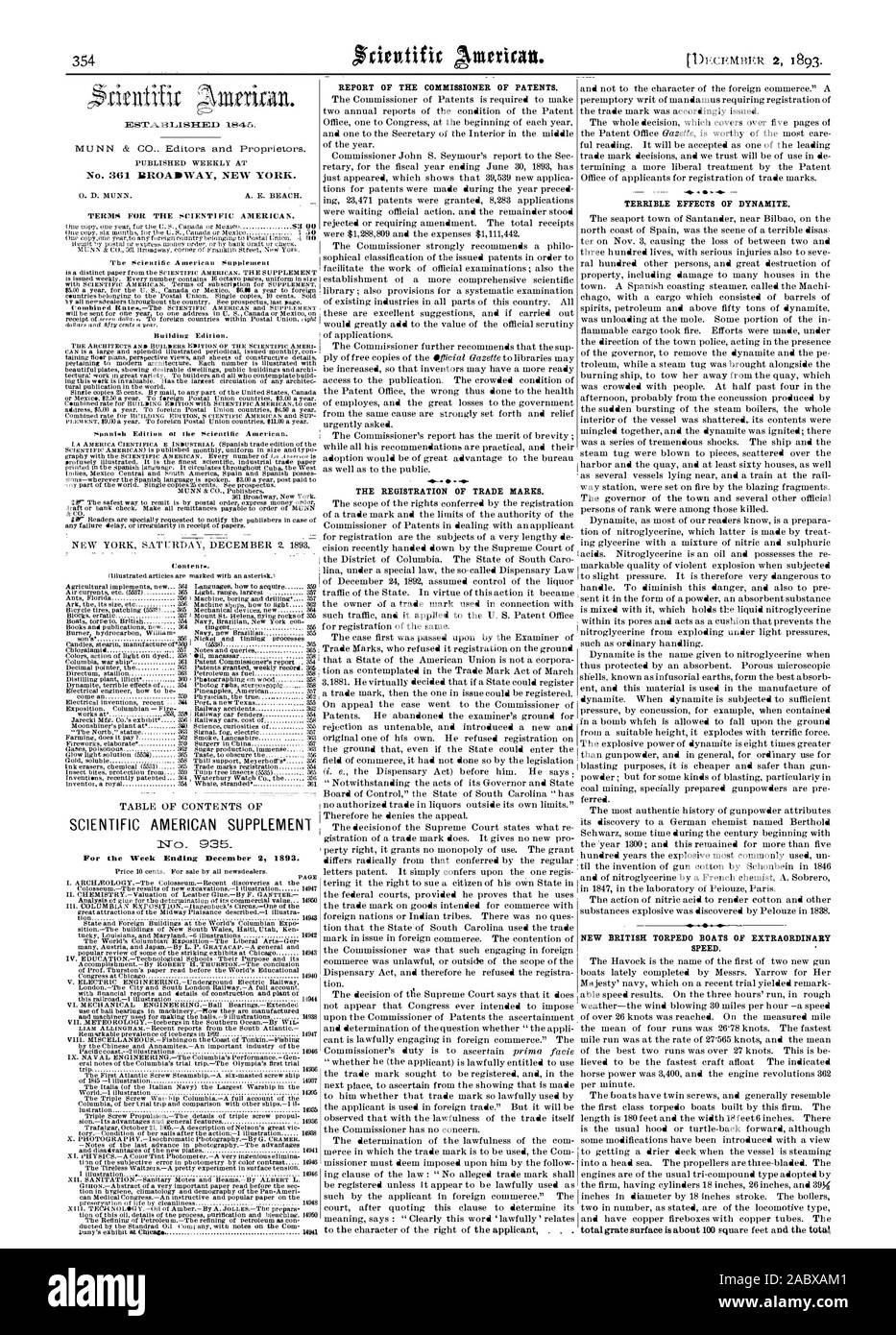 For the Week Rodin?: December 2 1893. REPORT OF THE COMMISSIONER OF PATENTS. THE REGISTRATION OF TRADE MARKS. TERRIBLE EFFECTS OF DYNAMITE. NEW BRITISH TORPEDO BOATS OF EXTRAORDINARY SPEED., scientific american, 1893-12-02 Stock Photo