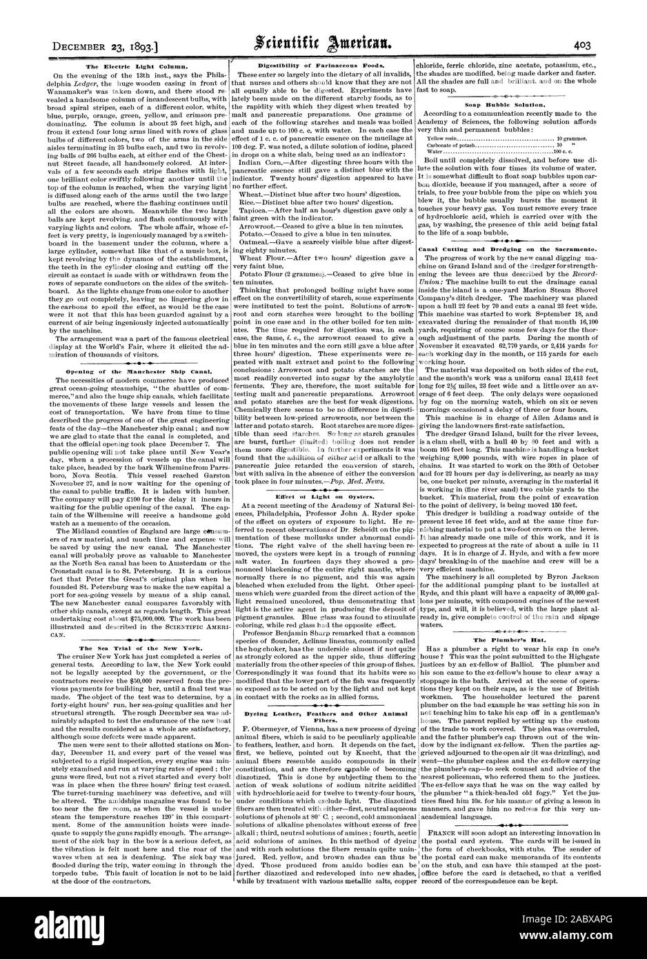 Digestibility of Farinaceous Foods. The Electric Light Column. Opening of the Manchester Ship Canal. The Sea Trial of the New York. Soap Bubble Solution. Canal Cutting and Dredging on the Sacramento. 4I 4  The Plumber's Mat. Effect of Light on Oysters. Dyeing Leather Feathers and Other Animal Fibers., scientific american, 1893-12-23 Stock Photo