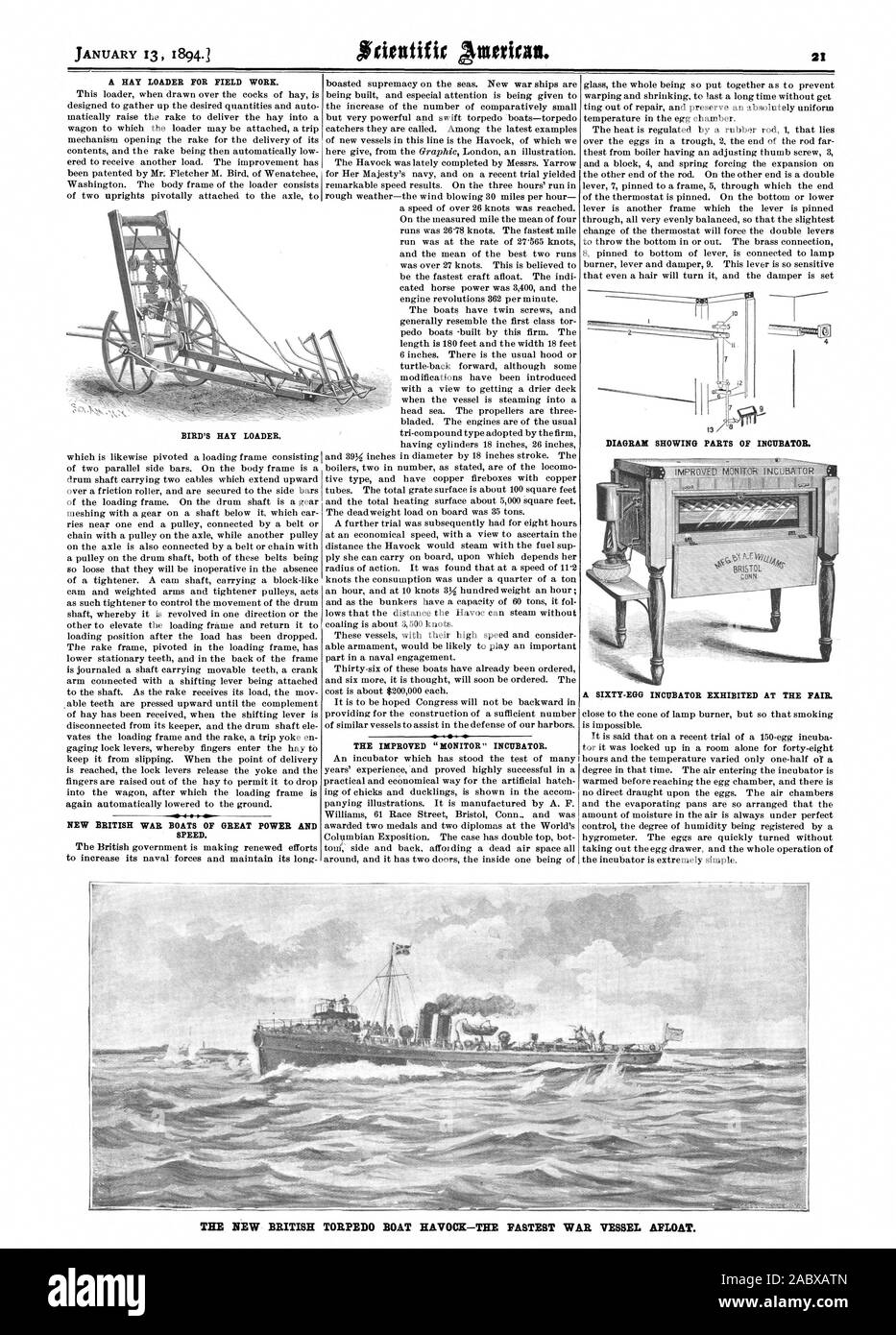 A HAY LOADER FOR FIELD WORK. BIRD'S HAY LOADER. NEW BRITISH WAR BOATS OF GREAT POWER AND SPEED. THE IMPROVED 'MONITOR' INCUBATOR. 12 DIAGRAM SHOWING PARTS OF INCUBATOR. THE NEW BRITISH TORPEDO BOAT HAVOCE—THE FASTEST WAR VESSEL AFLOAT., scientific american, 1894-01-13 Stock Photo