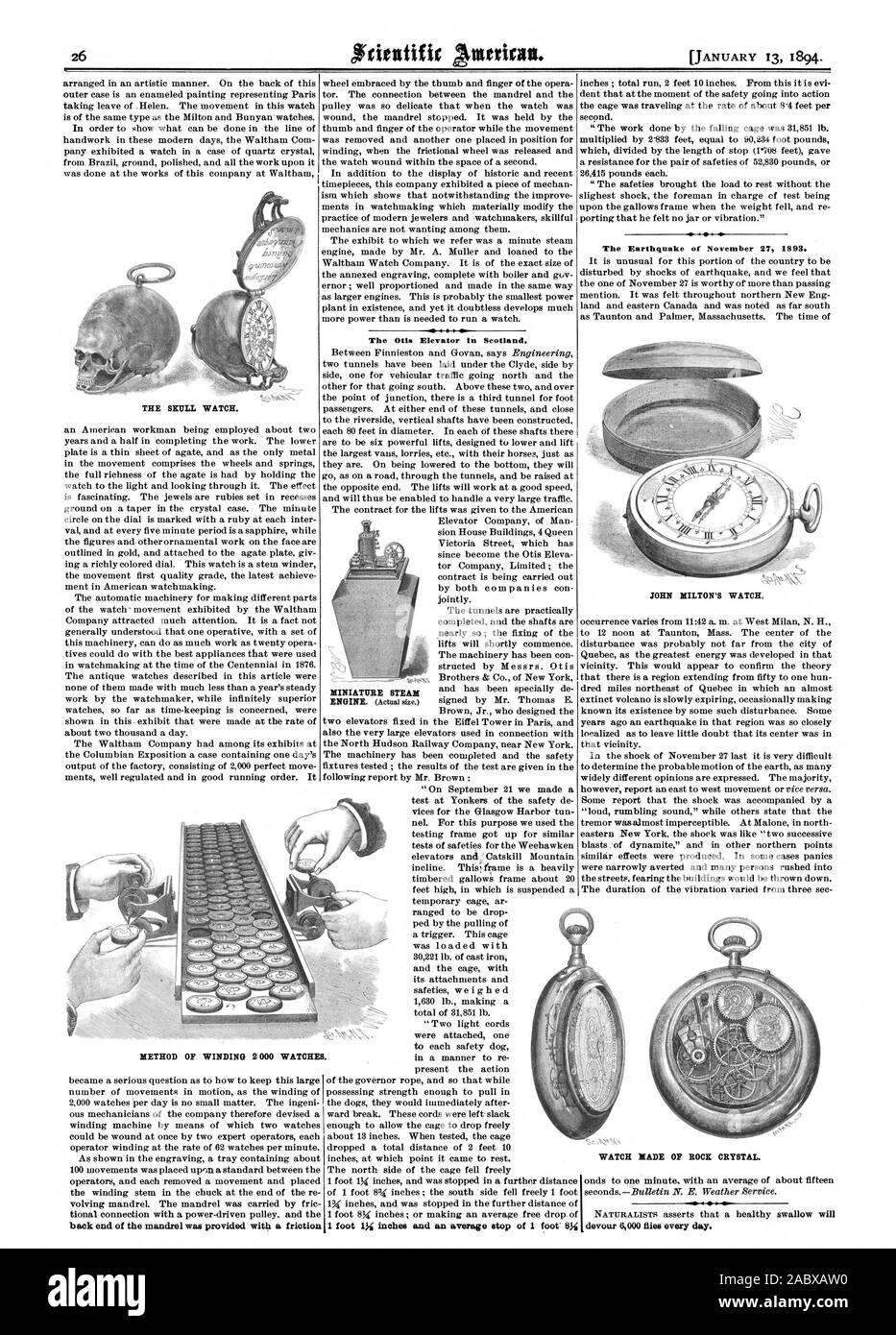 THE SKULL WATCH. back end of the mandrel was provided with a friction The Otis Elevator in Scotland. MINIATURE STEAM 1 foot inches and an average stop of 1 foot' The Earthquake of November 27 1893. JOHN MILTON'S WATCH. WATCH MADE OF ROCK CRYSTAL devour 6000 flies every day. METHOD OF WINDING 2 000 WATCHES., scientific american, 1894-01-13 Stock Photo