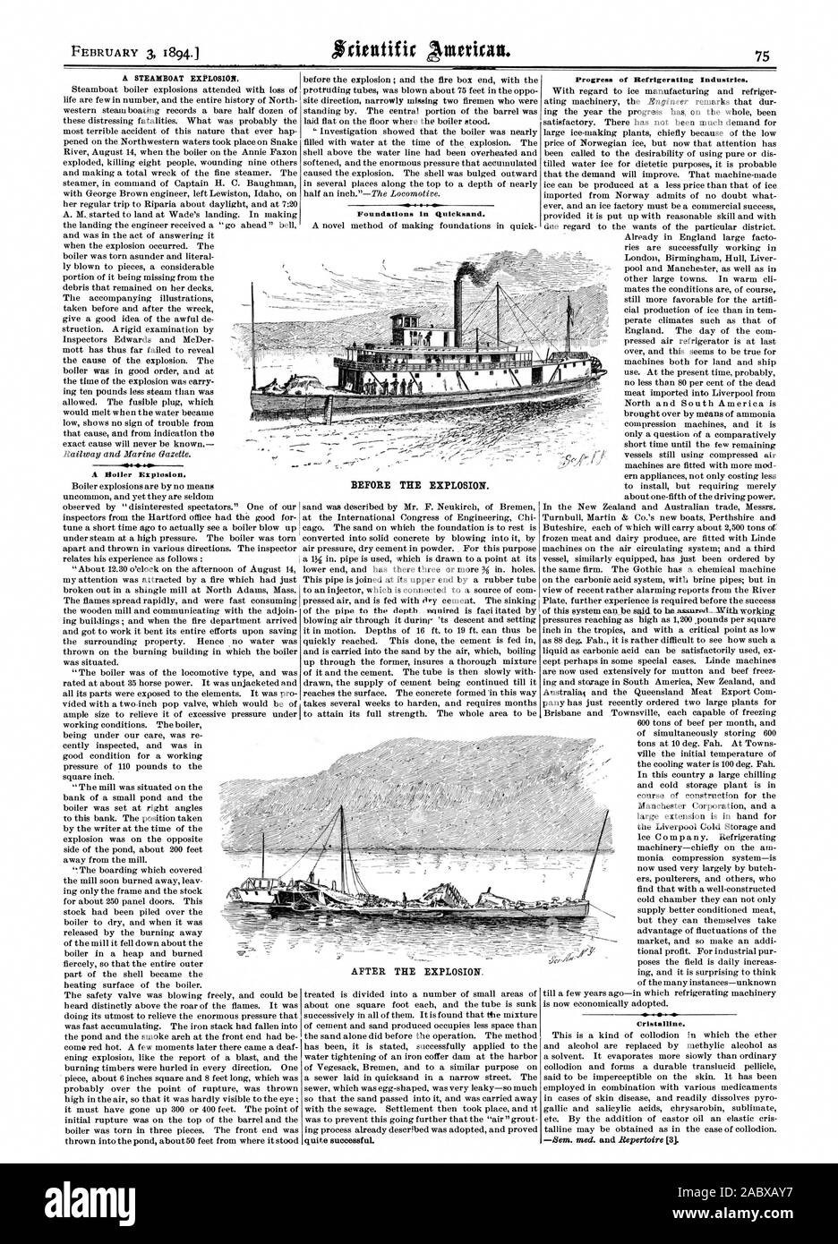 A STEAMBOAT EXPLOSION. Foundations in Quicksand. BEFORE THE EXPLOSION. Progress of Refrigerating Industries. Cristalline., scientific american, 1894-02-03 Stock Photo
