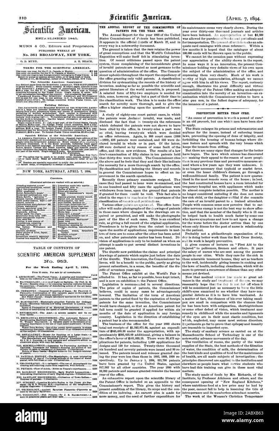 SCIENTIFIC AMERICAN SUPPLEMENT To 953. For the Week Ending April '7 1894. THE ANNUAL REPORT OF THE COMMISSIONER OF PATENTS FOR THE YEAR 1893. PREVENTION BETTER THAN CURE., 1894-04-07 Stock Photo