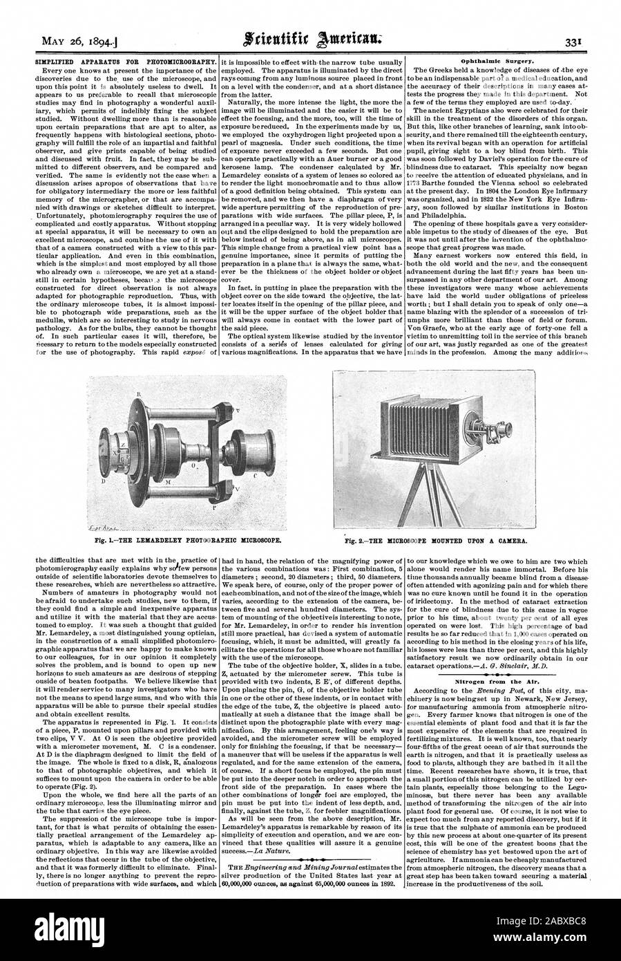 SIMPLIFIED APPARATUS FOR PHOTOMICROGRAPHY. Ophthalmic Surgery. Fig. 1THE LEMARDELEY PHOTOGRAPHIC MICROSCOPE. Nitrogen from the Air., scientific american, 1894-05-26 Stock Photo