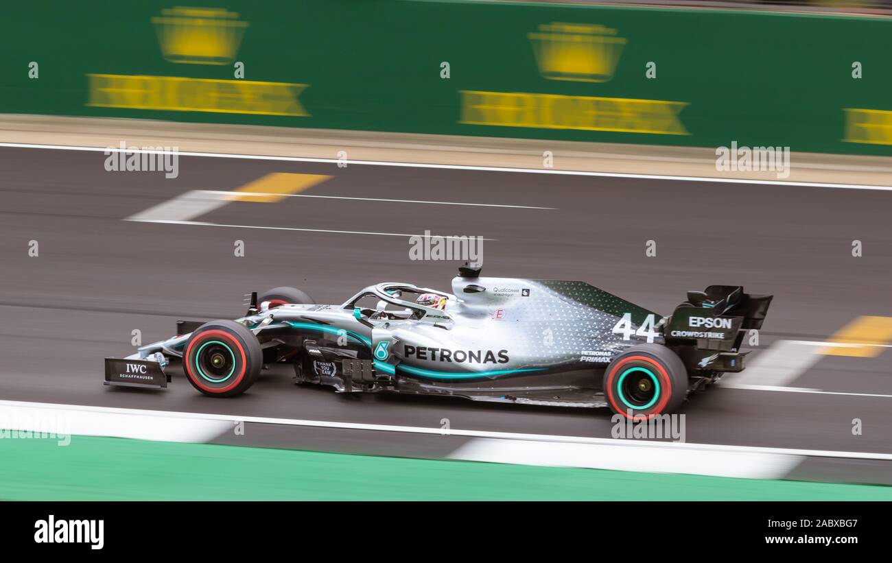 Lewis Hamilton on track in the Mercedes W10 during Friday practice, British Grand Prix, Silverstone, 2019 Stock Photo