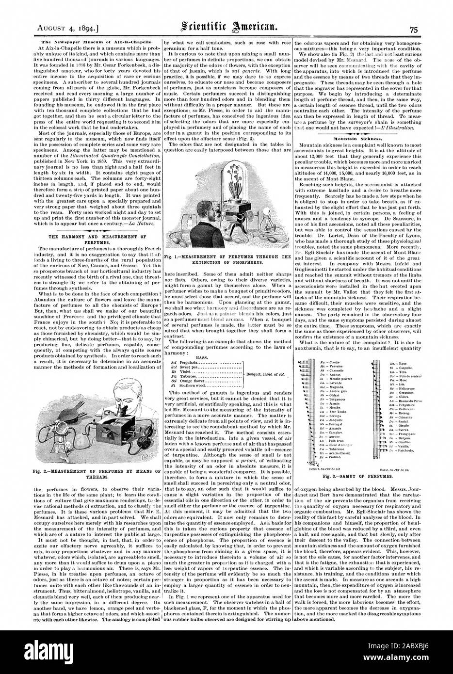 The Newspaper Museum of Aix-la-Chapelle. THE HARMONY AND MEASUREMENT OF PERFUMES. Fig. 2MEASUREMENT OF PERFUMES BY MEANS OF THREADS. Fig. IMEASUREMENT OF PERFUMES THROUGH THE EXTINCTION OF PHOSPHORUS. Mountain Sickness. Fig. 3GAMUT OF PERFUMES., scientific american, 1894-08-04 Stock Photo