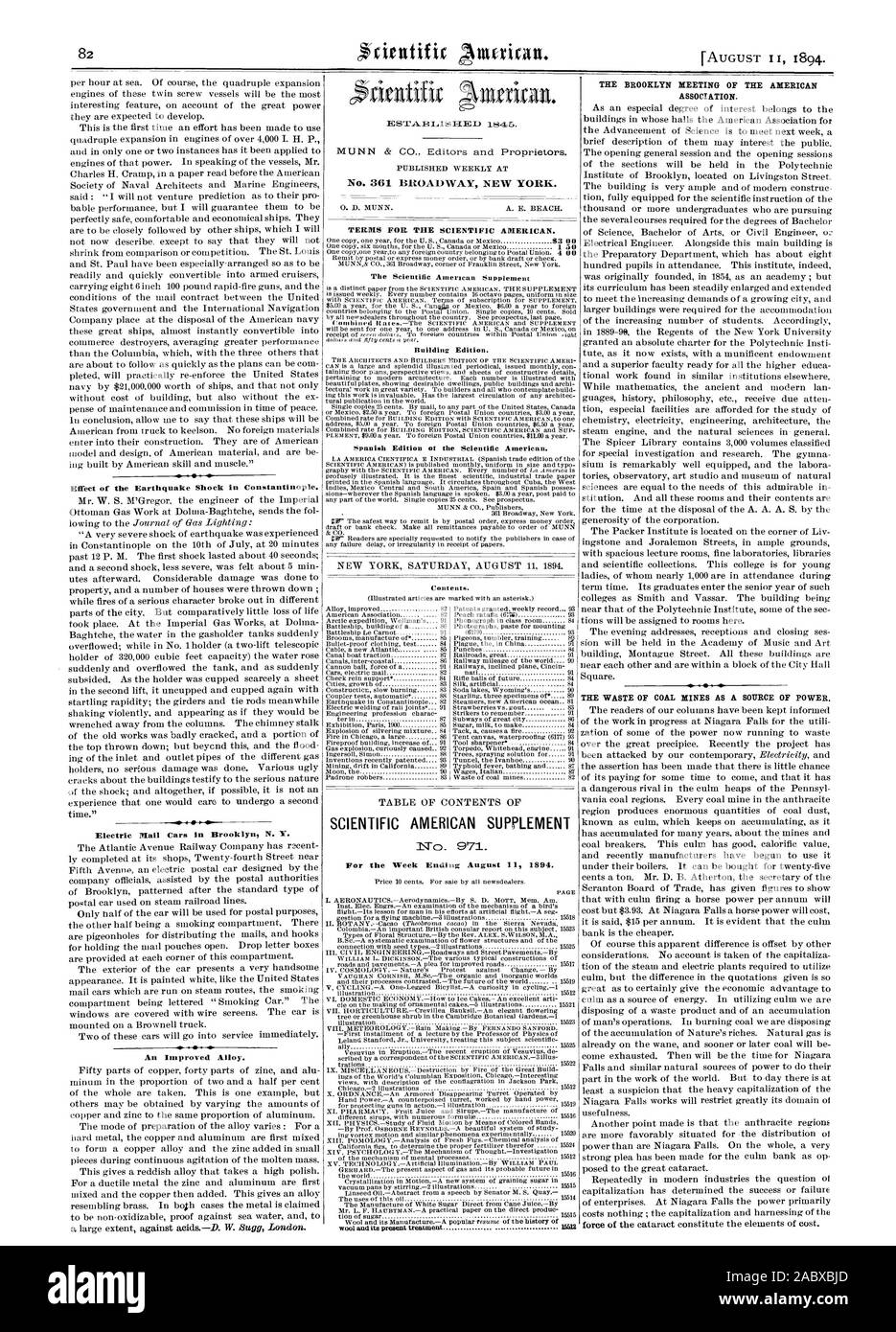 Effect of the Earthquake Shock in Constantinople. Electric Mail Cars in Brooklyn N. Y.  414 An Improved Alloy. TERMS FOR THE SCIENTIFIC AMERICAN. SCIENTIFIC AMERICAN SUPPLEMENT For the Week Ending August  1894. THE BROOKLYN MEETING OF THE AMERICAN ASSOCIATION. THE WASTE OF COAL MINES AS A SOURCE OF POWER., 1894-08-11 Stock Photo