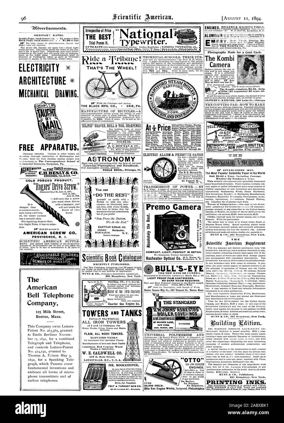 ELECTRICITY NE ARCHITECTURE MECHANICAL DRAWING. FREE APPARATUS. The American Bell Telephone Company Industrial Sciences Scranton Pa. ILL.U.S.A COLD FORGED PRODUCT. AMERICAN SCREW CO. PROVIDENCE R. I. MANUFACTURE OF BICYCLESA 1  vb. lb THAT'S THE WHEEL! THE BLACK MFG. CO. - ERIE PA. 'ECLIPSE' GRAYER DRILL & TOOL SHARPENER sq:0 E. F. BOWMAN diz. CO ASTRONOMY Viiiktk You can RECENTLY PUBLISHED. 361 Broadway New York. ALL IRON TOWERS PATENT SECTIONAL ELEVATED TANKS PlAPFI Tanks a Specialty. 219 E. Main Street W. E. CALDWELL CO. LOUISVILLE KY. U. S.A. FELT & TARRANT MFG CO. 62.56 ILLINOIS ST Stock Photo