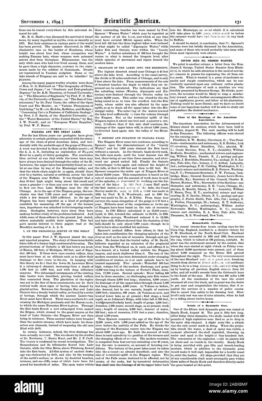 NIAGARA AND THE GREAT LAKES. COTTON SEED OIL PRESSES WANTED. Close of the Meetings of the American Association. Remarkable Cycling. Trials of a Dynamite Gan., scientific american, 1894-09-01 Stock Photo