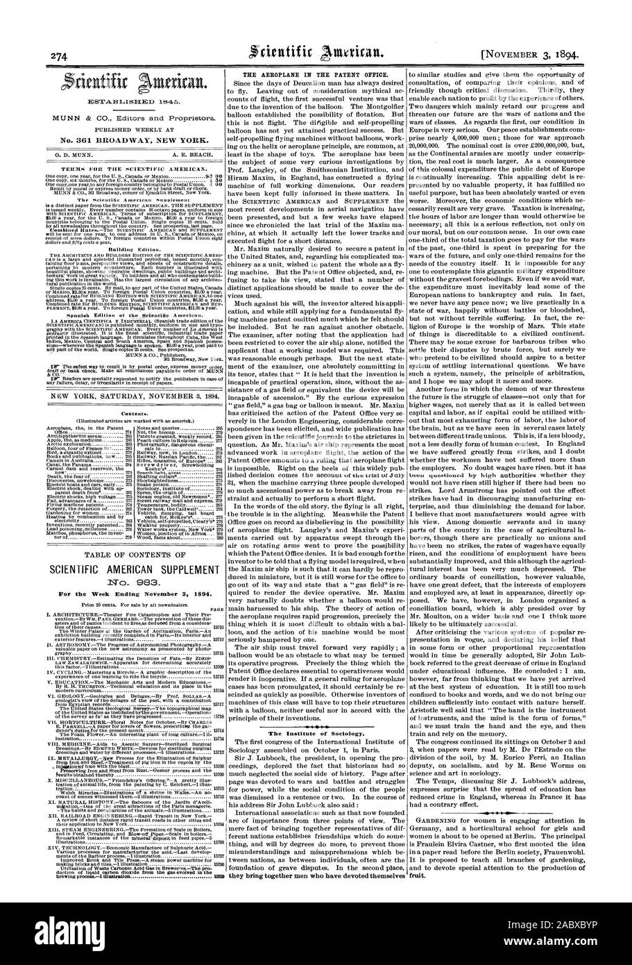 No. 361 BROADWAY NEW YORK. SCIENTIFIC AMERICAN SUPPLEMENT No. 983. For the Week Ending November 3 1894. THE AEROPLANE IN THE PATENT OFFICE. 'Sr I  The Institute of Sociology. they bring together men who have devoted themselves fruit. Search light great cre, 1894-11-03 Stock Photo