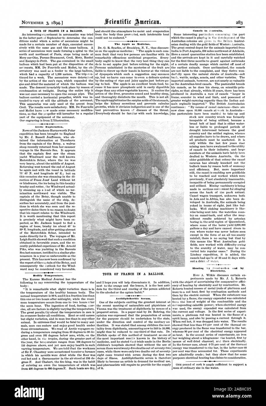 TOUR OF FRANCE IN A BALLOON. The Apple as Medicine. A TOUR OF FRANCE IN A BALLOON. Arctic Exploration. Bodily Temperature. Camels in Australia. Heating by Combustion and by Electricity. A ntidiphtheritIc Serum., scientific american, 1894-11-03 Stock Photo
