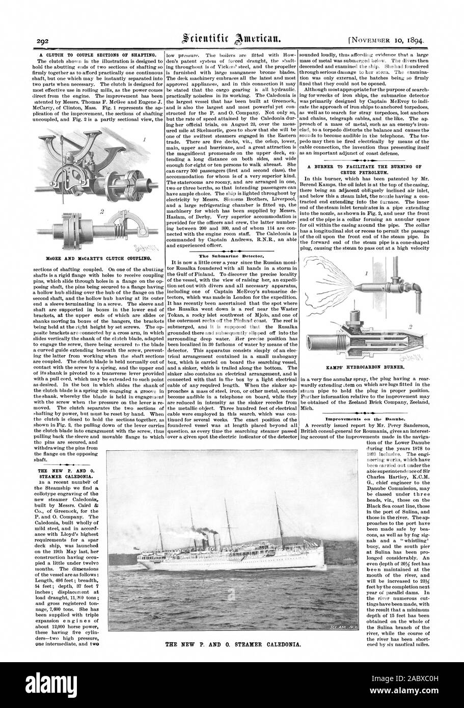 A CLUTCH TO COUPLE SECTIONS OF SHAFTING. bleGEE AND MeCARTY'S CLUTCH COUPLING. The Submarine Detector. CRUDE PETROLEUM. RAMPS' HYDROCARBON BURNER. THE NEW P. AND 0. STEAMER CALEDONIA., scientific american, 1894-11-10 Stock Photo