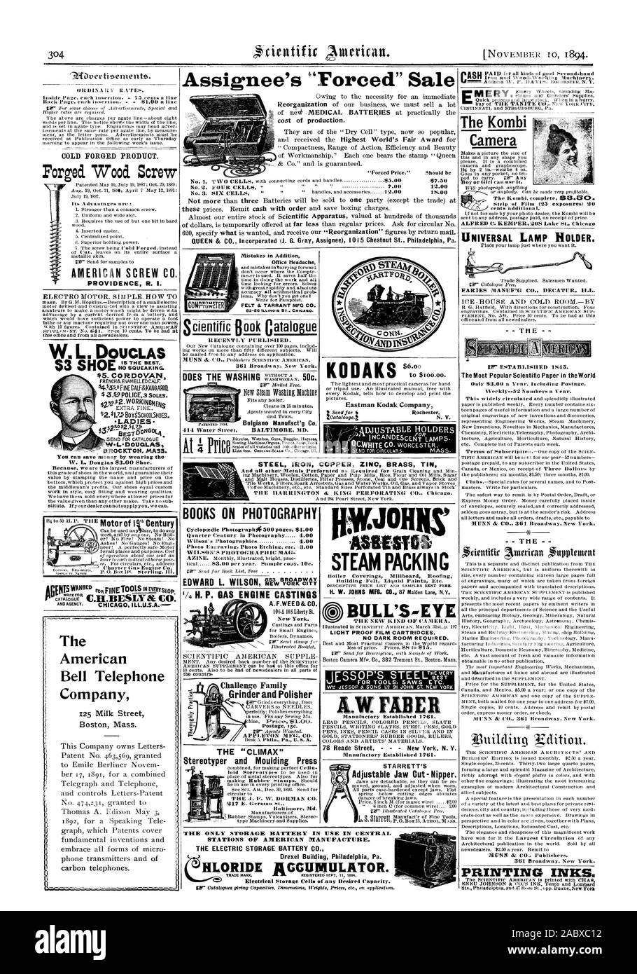 Assignee's 'Forced' Sale 'Forced Price.' Should be $7.50 50.2. FOUR CELLS ' ' 7.00 12.00 Forged Wood Screw pgpswANTE. WRITE FOR C.H.BE SLY & CO. AND AGENCY. CHICAG ILL.H.S.A.- Mistakes in Addition 361 Broadway New York. Challenge Family Grinder and Polisher Postage 15c. APPLETON MFG. CO. KODAKS Eastman Kodak Company i „ BULL'S-EYE LIGHT PROOF FILM CARTRIDOES. NO DARK ROOM REQUIRED. Boston Camera Mfg. Co. 382 Tremont St. Boston Mass. Manufactory Established 1761. 78 Heade Street  - New York N. Y. Manufactory Established 1761. STARRETT'S Adjustable Jaw Cut-Nipper. Camera Boy or Girl call use it Stock Photo