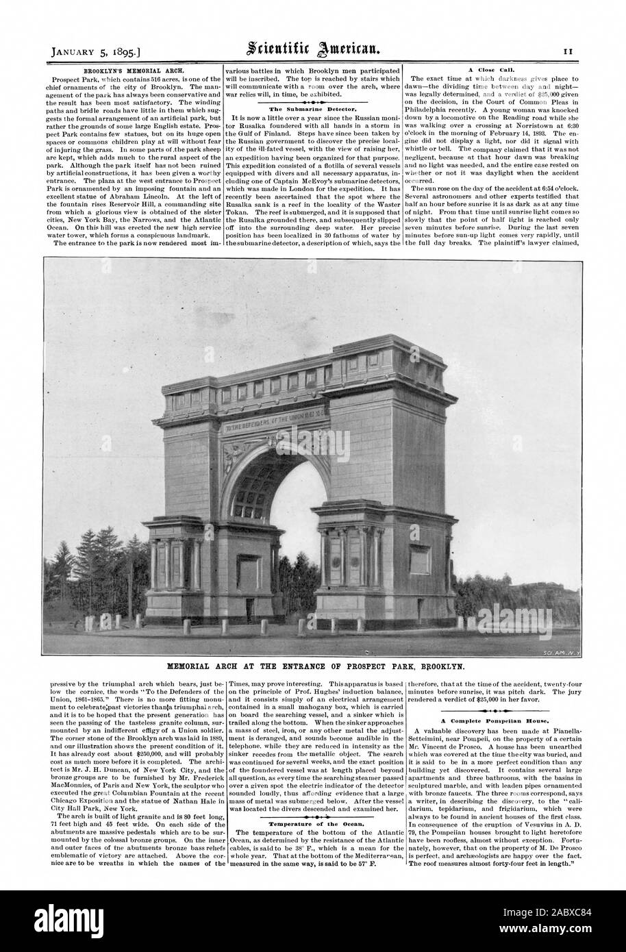 BROOKLYN'S MEMORIAL ARCH. The Submarine Detector. A Close Call. MEMORIAL ARCH AT THE ENTRANCE OF PROSPECT PARK BROOKLYN. Temperature of the Ocean. A Complete Pompelian House., scientific american, 1895-01-05 Stock Photo