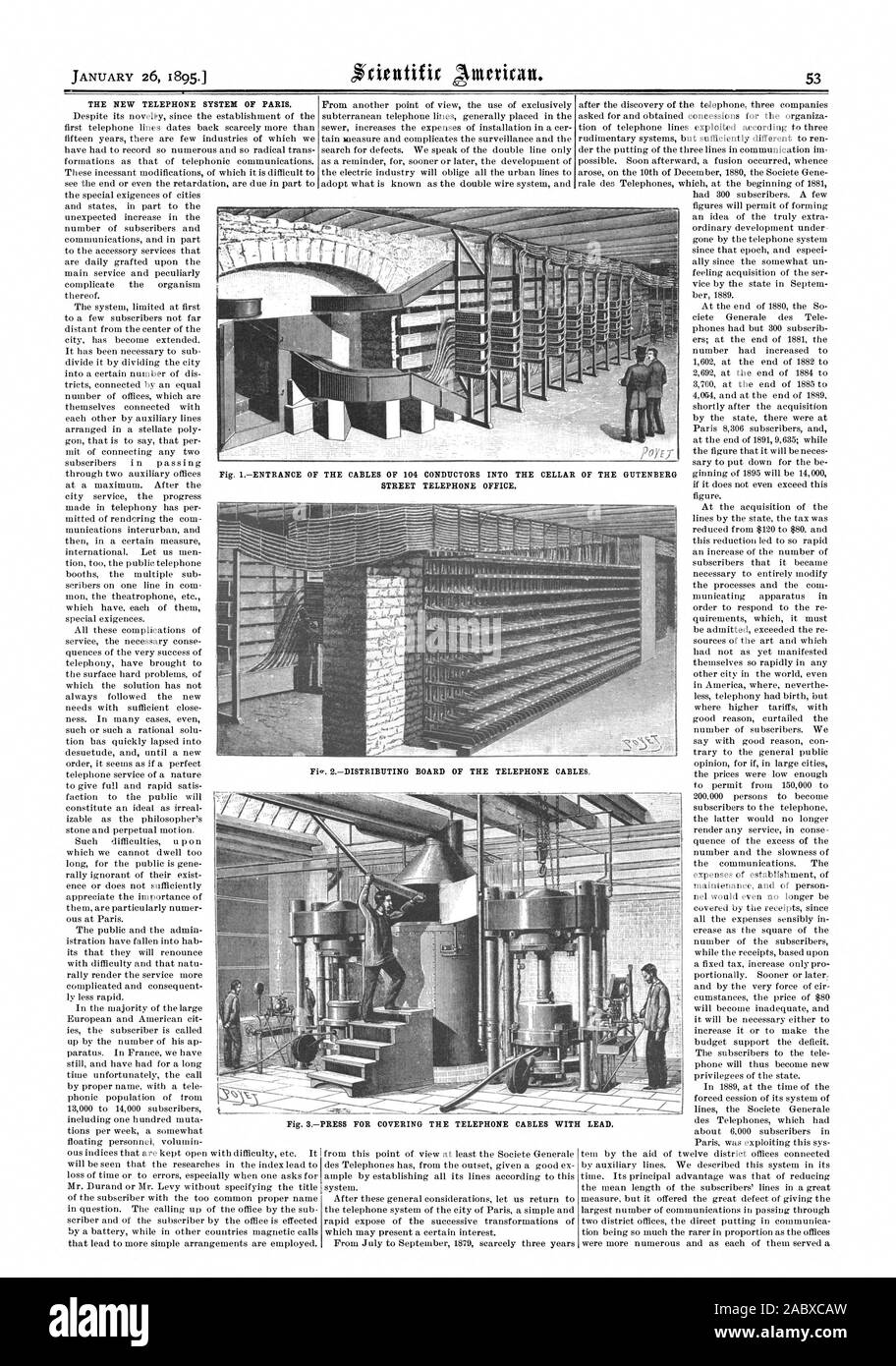 THE NEW TELEPHONE SYSTEM OF PARIS.  Fig. 3PRESS FOR COVERING THE TELEPHONE CABLES WITH LEAD., scientific american, 1895-01-26 Stock Photo