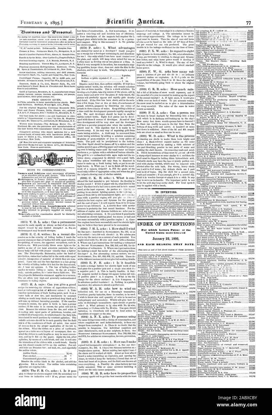 January Inventions INDEX OF INVENTIONS For which Letters Patent ot the United States were ...