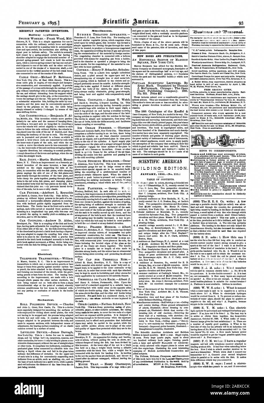 Smith's Leather Pattern Fillet Akron 0 . Sample free. Practical Ammonia Refrigeration. Redwood. Cloth $1. Spon & Chamberlain 12 Cortlandt St. New York. Screw machines milling mactiines. and drill presses. The Garvin Mach. Co. Laight and Canal Sts. New York. FREE GROUND GWEN road facilities. Hoffman 60 and Balt. Ave. Phila. Broadway New York. Special Written Information on matters of Scientific American Supplements referred, 1895-02-09 Stock Photo