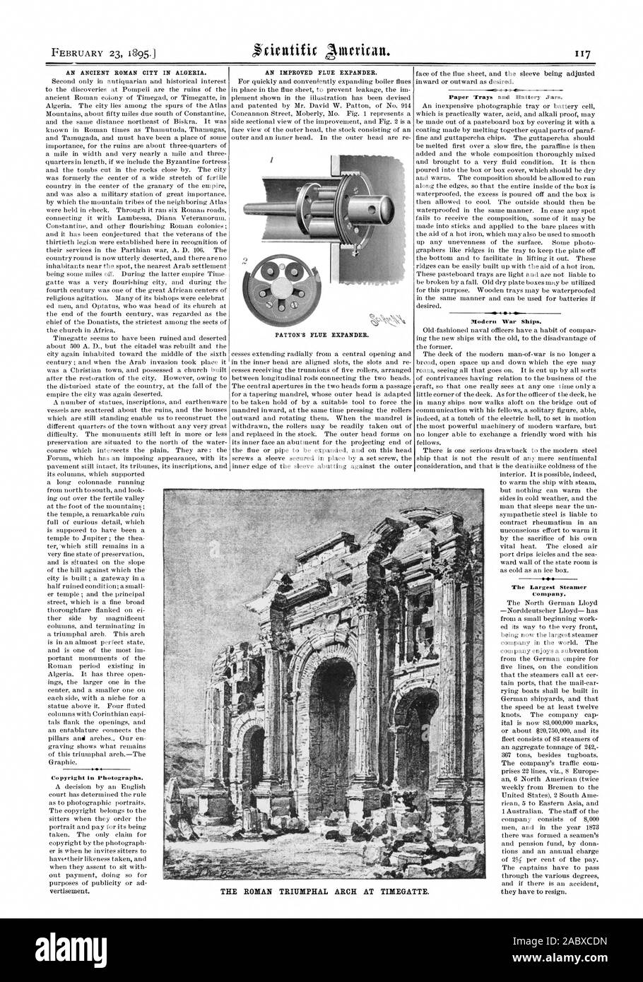 AN ANCIENT ROMAN CITY IN ALGERIA. AN IMPROVED FLUE EXPANDER. PATTON'S FLUE EXPANDER. Paper Trays and Battery Jars. Mb 4  f Modern War Ships. The Largest Steamer Company., scientific american, 1895-02-23 Stock Photo