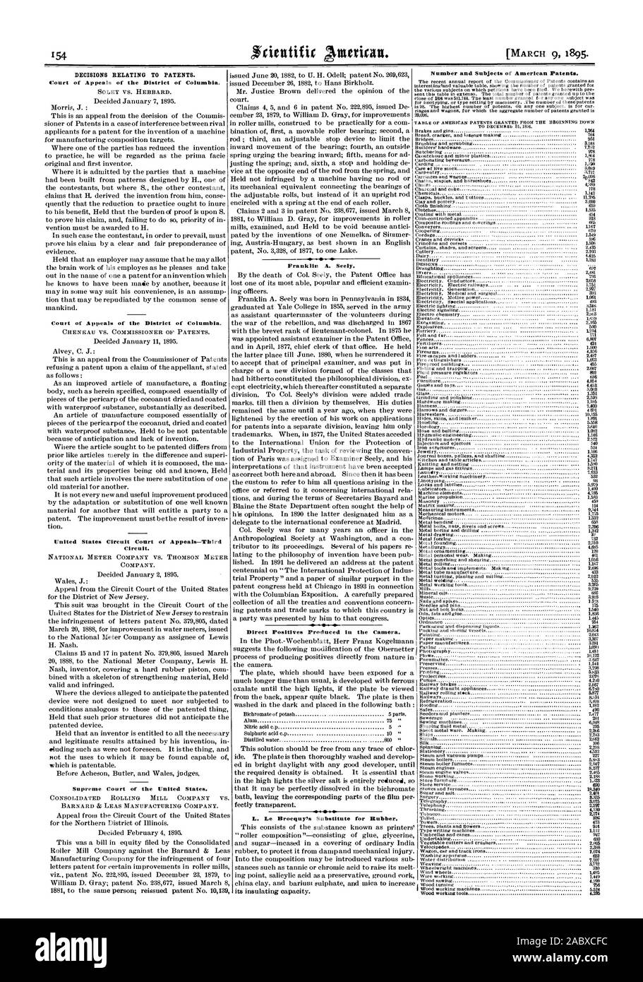 Number and Subjects of American Patents. DECISIONS RELATING TO PATENTS. Court of Appeals of the District of Columbia. SOLEY VS. HEBBARD. Court of Appeals of the District of Columbia. United States Circuit Court of Appeals-Third Circuit. NATIONAL METER COMPANY VS. THOMSON METER COMPANY. Supreme Court of the United States. CONSOLIDATED ROLLING MILL COMPANY VS. Franklin A. Seely. Direct Positives Produced in the Camera. L. Le Brocqurs Substitute for Rubber. 500 771 6.801, scientific american, 1895-03-09 Stock Photo