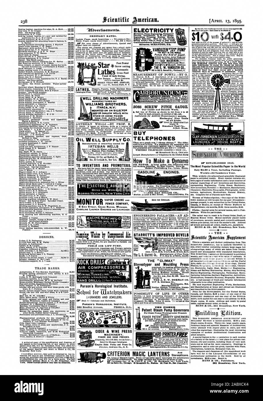 ork. Other foreign patents may also be obtained. ARTESIAN WELLS TO INVENTORS AND PROMOTERS. We have had for many years as a specialty the manu MORRIS HEIGHTS NEW YORK CITY. BALING YACHTS LAIATCHES ROWBOATS CANOES THE INGEFtSOLL-SERGEANT DRILL CO. BOSS SCREW PITCH GAUGE. For Inside and Outside Work. Sent by mail prepaid on receipt of $125. Mechanics' Fine Tools of all kinds. Standard Tool Co. Athol Moss. BUY TELEPHONES That are good-not 'cheap things.' The differ ence in cost is little. We guarantee our apparatus and How To Make a Dynam full working drawings0e. GASOLINE ENGINES. Cheapest Fuel Stock Photo