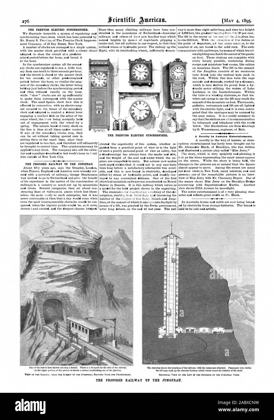 THE PRENTISS ELECTRIC SYNCHRONIZER. THE PROPOSED RAILWAY UP THE JIINGFRAII. A Novelty In Lantern Entertainments. VIEW OF THE RAILWA': NEAR THE SUMMIT OF THE JUNISFRAU SHOWING PATH FOR PEDESTRIANS THE PROPOSED RAILWAY 'UP THE IIINGERAU., scientific american, 1895-05-04 Stock Photo