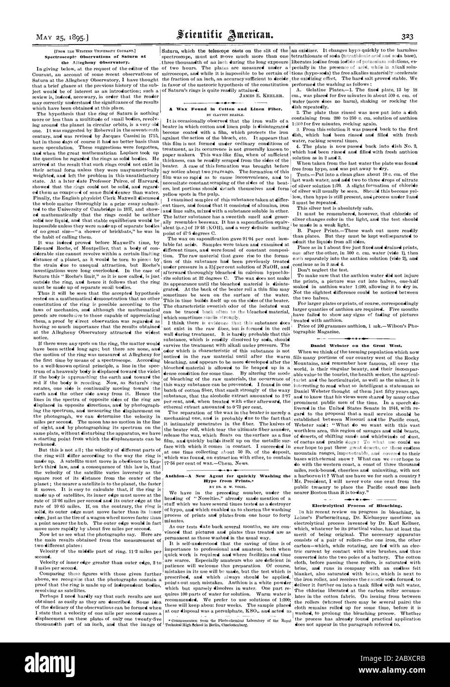 BY CLAYTON BEADLE. Daniel Webster on the [FROM THE WESTERN UNIVERSITY COURANT. Spectroscopic Observations of Saturn at the Allegheny Observatory. BY DR. H W. VOGEL. Electrolytical Process of Bleaching. Anthlon—A Great West., scientific american, 1895-05-25 Stock Photo